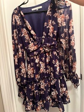 Altar'd State Navy and Blush Floral Long-Sleeve Tiered Dress